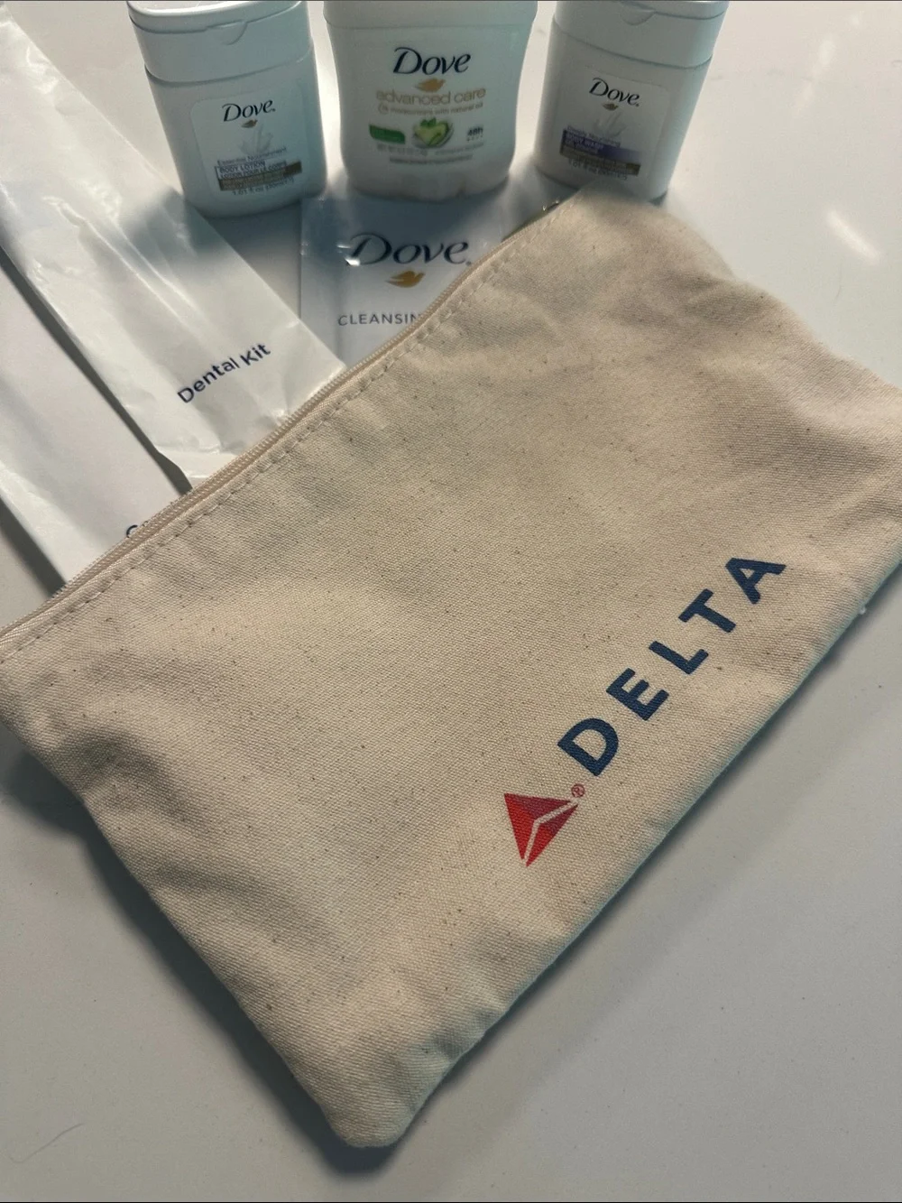 NWOT- Delta Travel Amenity Pouch with Toiletries in Beige and Red/Blue Logo